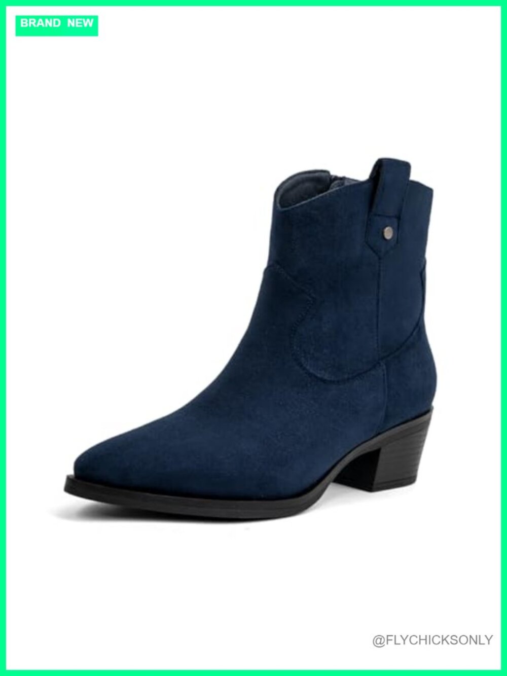 Pointed Toe Faux Suede Ankle Booties Low Block Heel Side Zip Cowboy Western